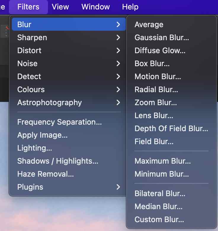 Blur Filter Menu Affinity Photo