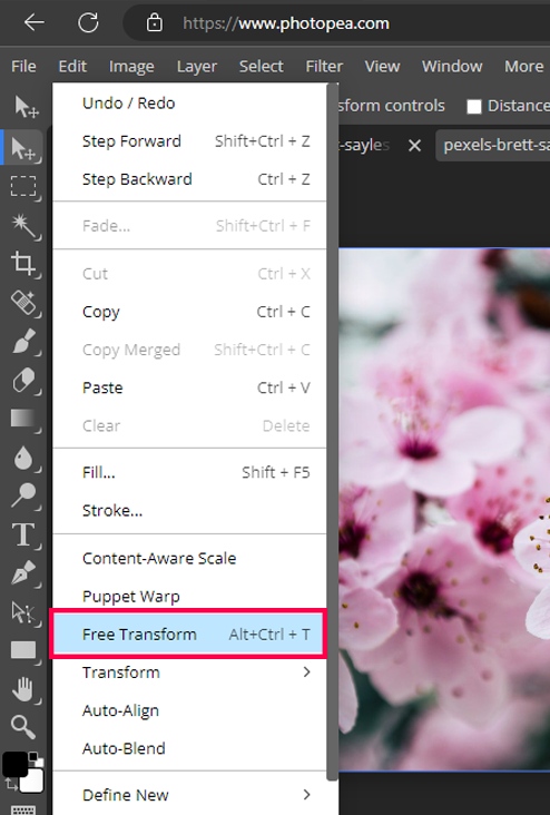 Free Transform tool option Photopea