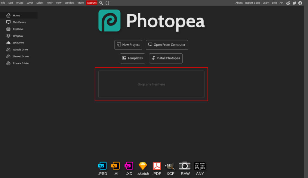 create a new project in photopea