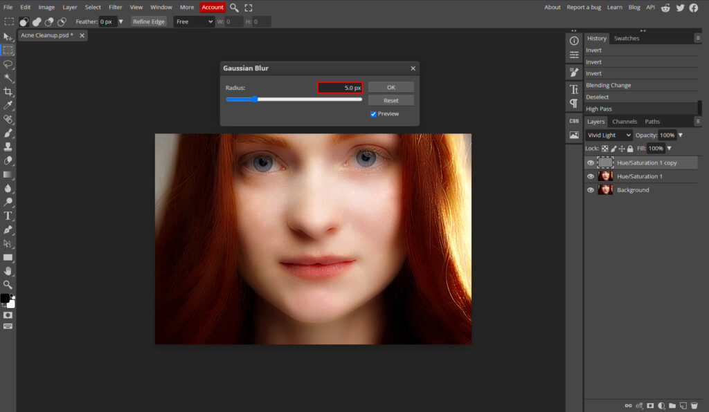 Gaussian blur strength in photopea