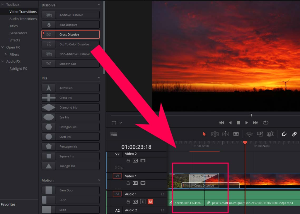 Drag and drop transition in Davinci Resolve 