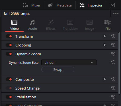 Dynamic zoom options in Davinci Resolve