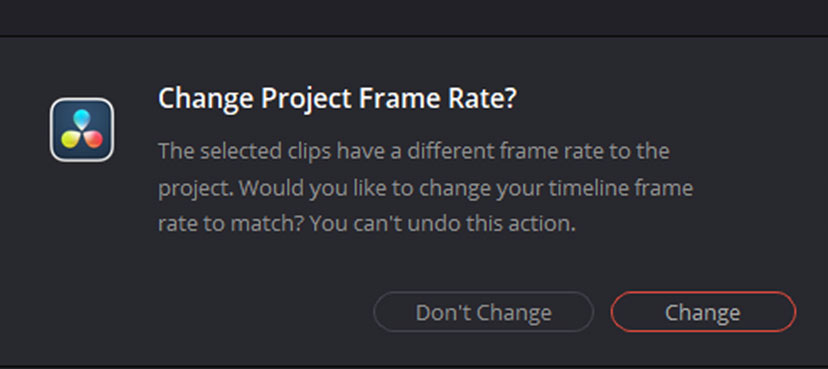 Change frame rate dialogue box in Davinci Resolve