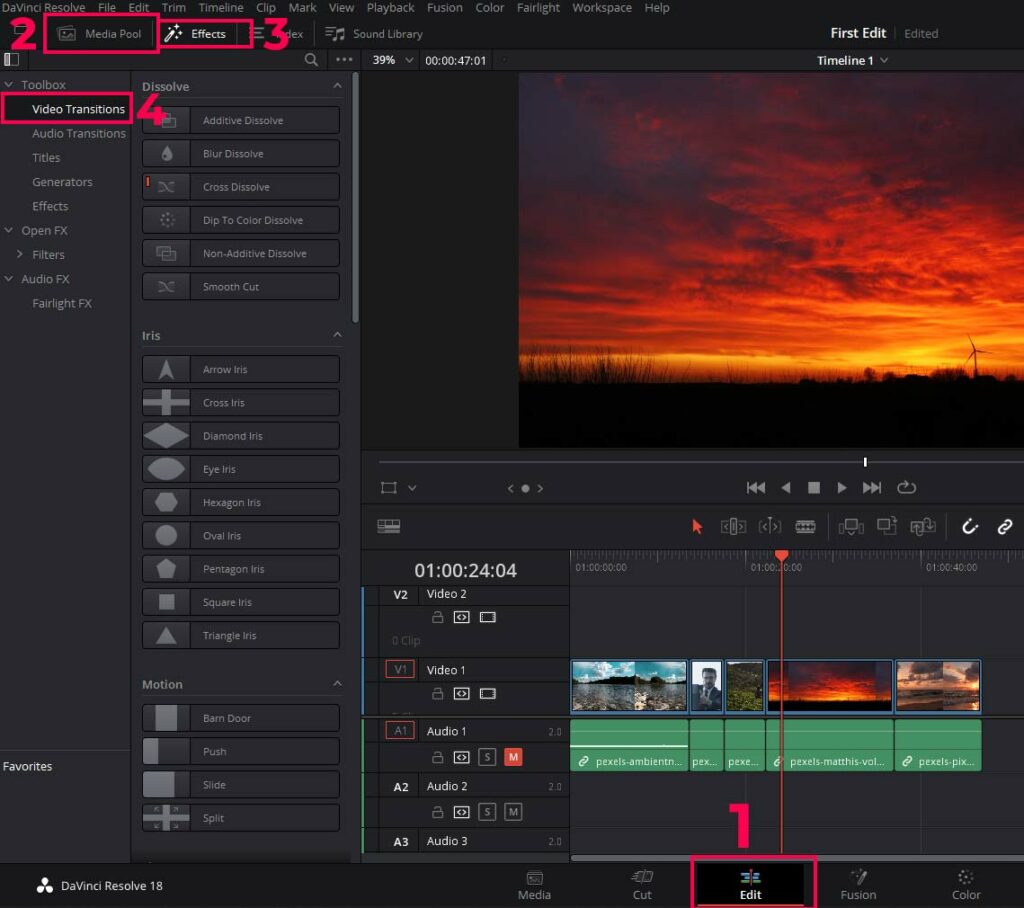 Video Transitions inside Effects panel on the edit page inside Davinci Resolve