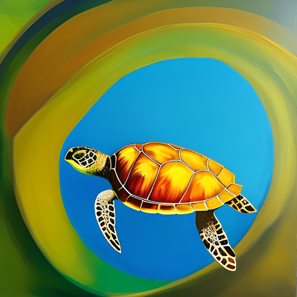 Generated image of an expressionist painting of a turtle swimming underwater