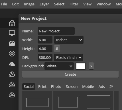 Create new document in photopea