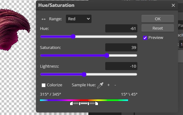Hue/Saturation Options in Photopea