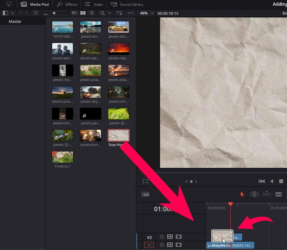 add footage to the timeline in Davinci resolve