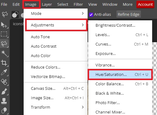Hue/Saturation in photopea