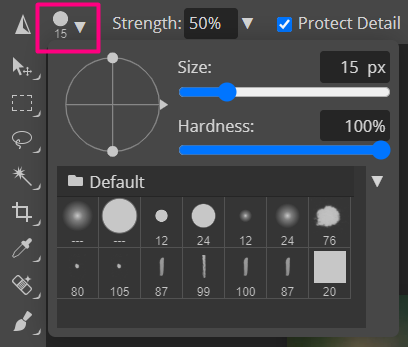 A screenshot the settings on adjusting brushes and hardness.