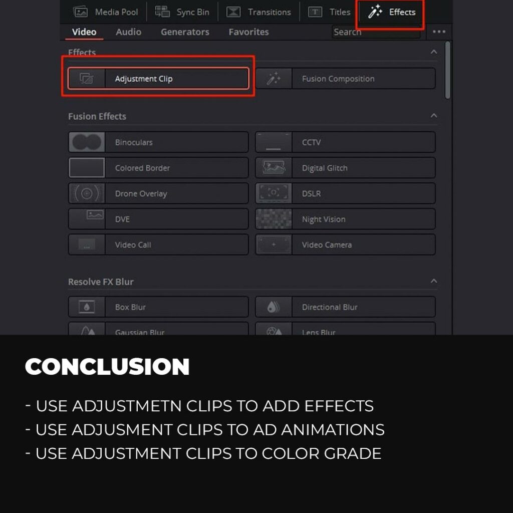 add adjustment clips in DaVinci Resolve