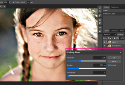 A dialog box with amount, radius and threshold settings.
Sharpen image in photopea