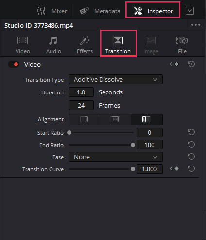 Transition Tab in the Davinci Resolve's Inspector
