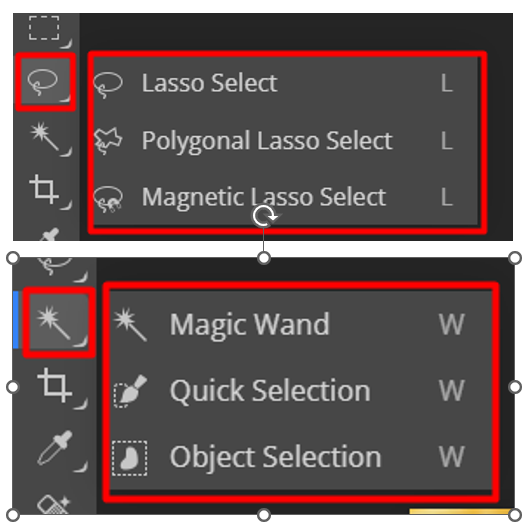 Selection tools such as Lasso Select, Polygonal Lasso Select, Magnetic Lasso Select, Magic Wand, Quick Selection, and Object Selection.