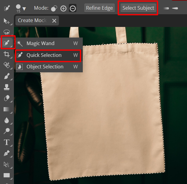 Using Quick Selection tool to select the area in the Tote bag where the design will be placed.