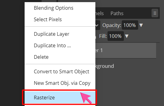 Rasterize button from the drop-down menu at the layers panel.