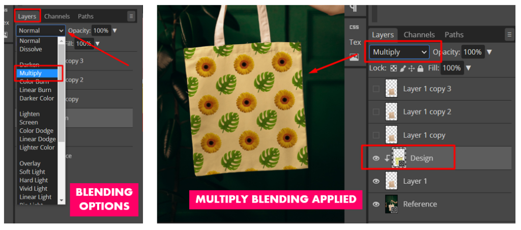 Applying Multiply blending mode to the design layer.