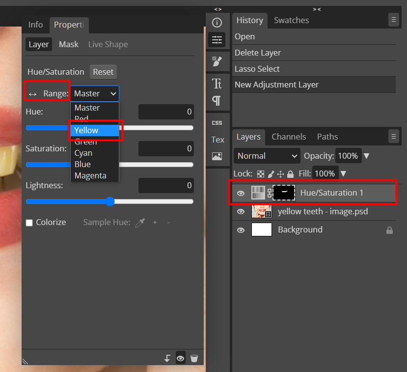 Hue/Saturation adjustment layer and its properties.