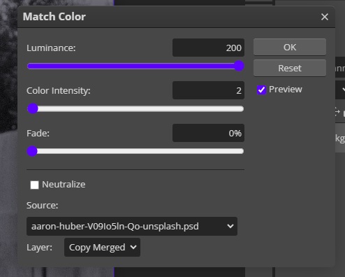 Color Match Settings in Photopea