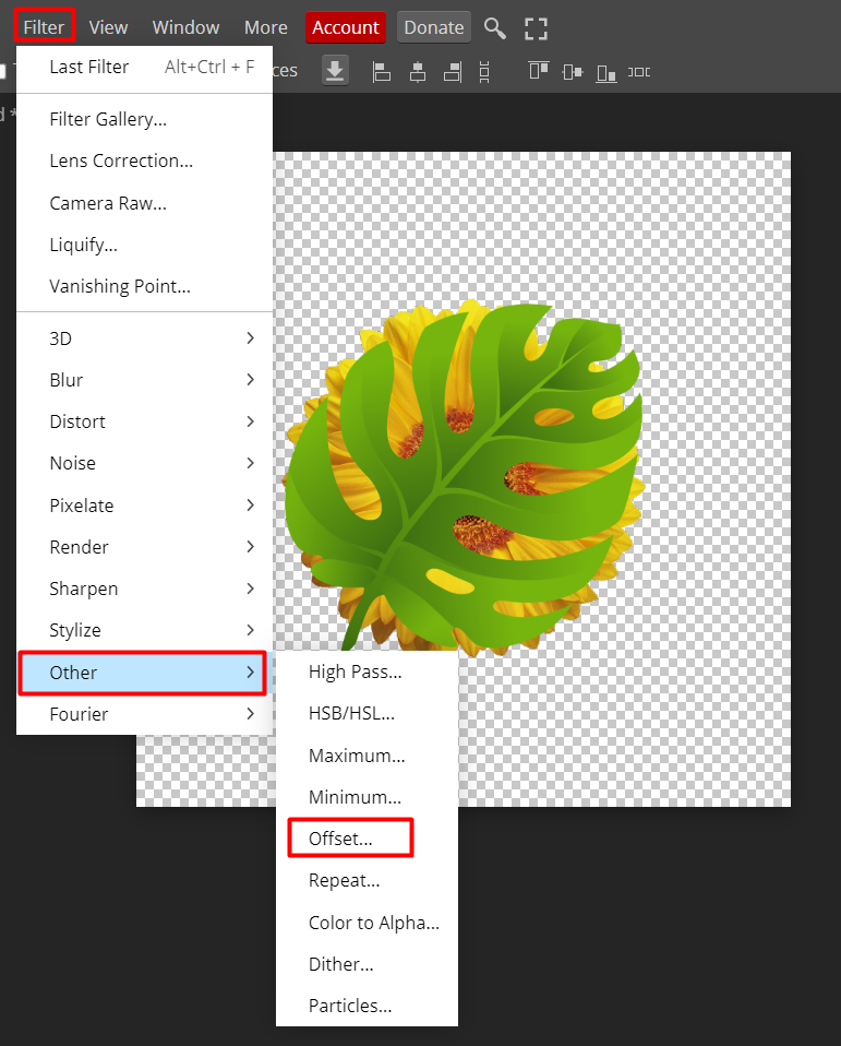 A screenshot of the Offset button location in Photopea.