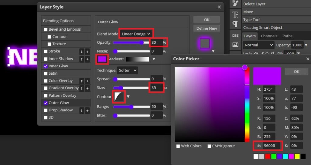 Outer Glow Settings in Photopea