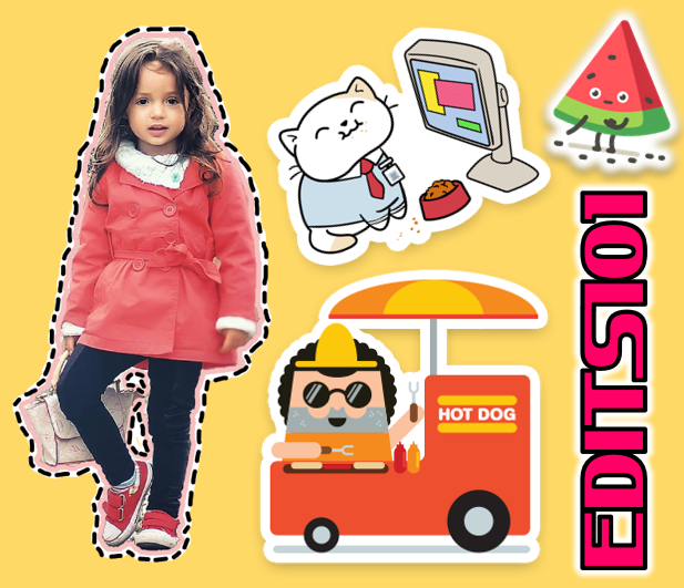 Cut out pictures of a girl, cat, hotdog food cart and watermelon.