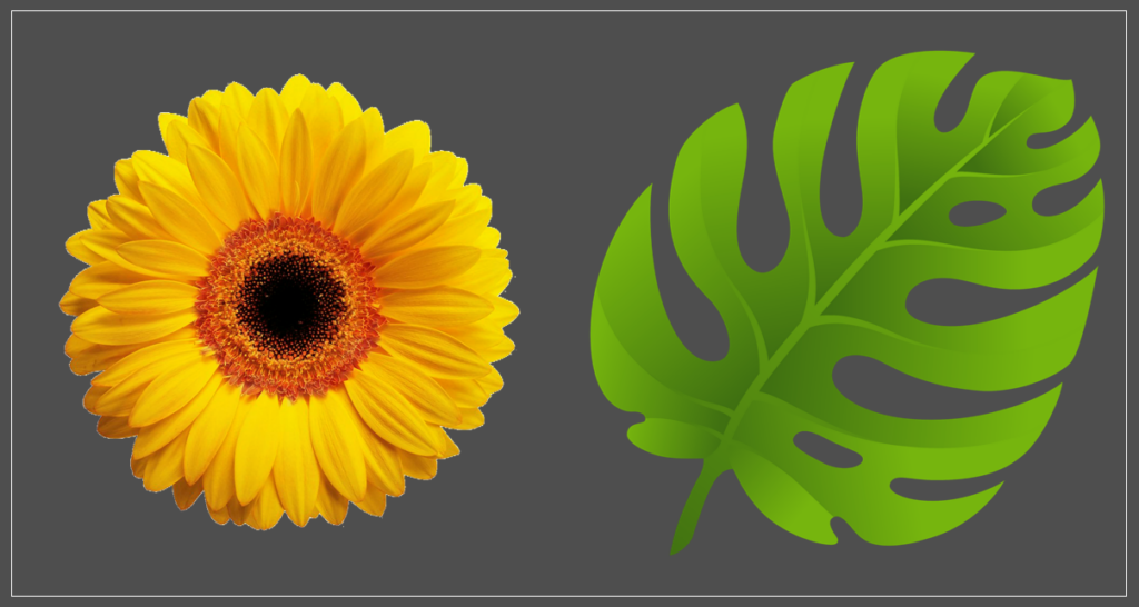 An image of a 3D Sunflower and a leaf.