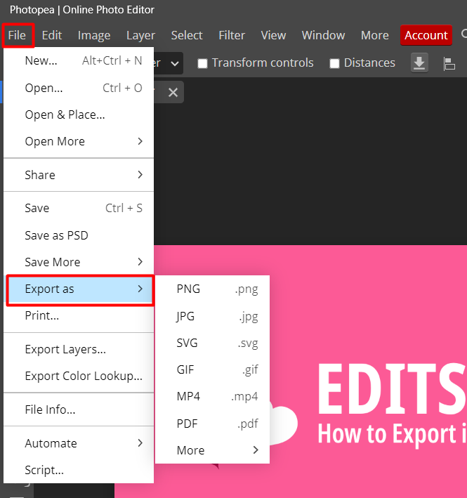 Export in photopea