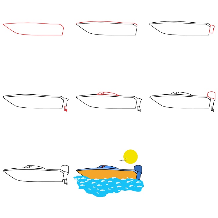 Step-by-step process on how to draw a speedboat