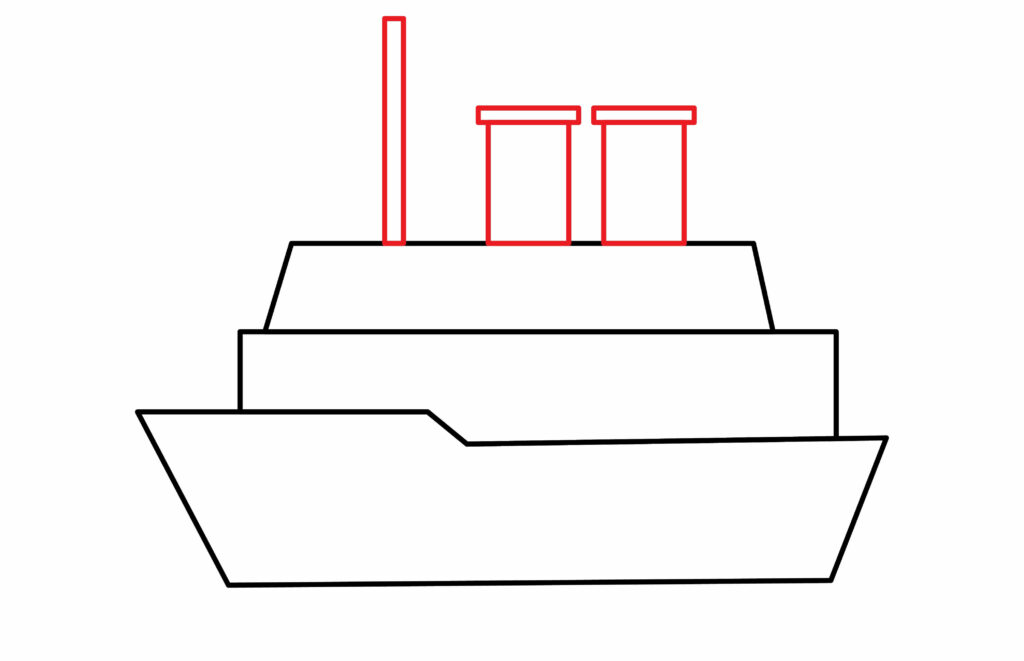 How to draw two smoke stacks and wind tower of a cruise ship