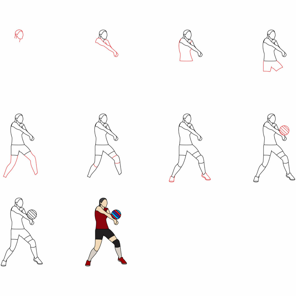 How to draw a volleyball player hitting ball steps